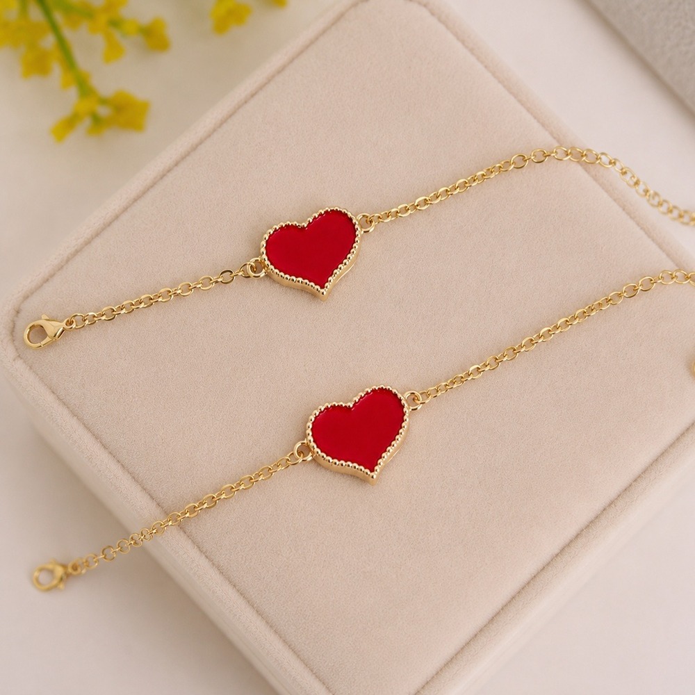 Heart Bracelet Set Women OS Red NEW 2PC Gold Tone Enamel Dainty Matching